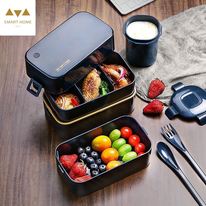 Bộ 3 Sản Phẩm Hộp Cơm Trưa 2 Tầng Cốc Đựng Canh Và Bộ Đũa Muỗng Dung Tích 1.5L Phong Cách Bắc Âu Siêu Đẹp