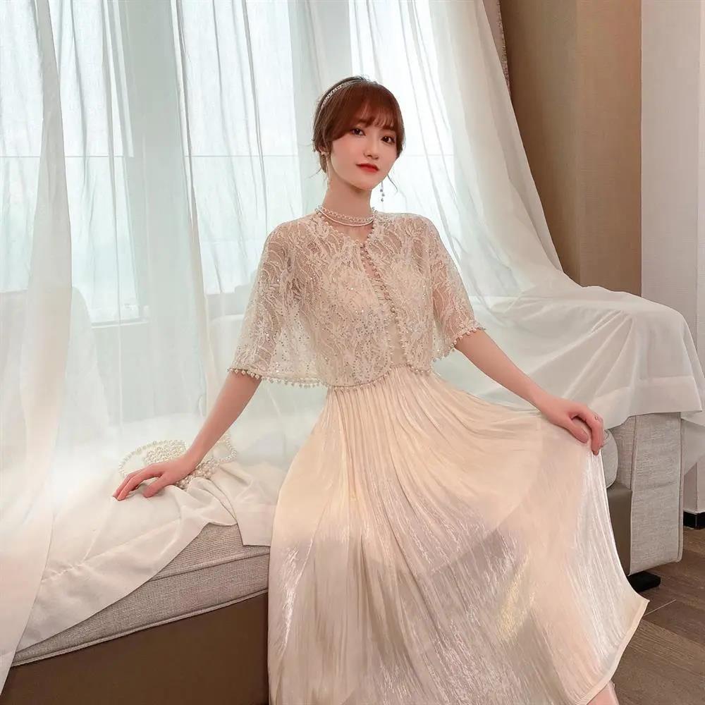 Áo Choàng Sườn Xám Phối Ren Đính Ngọc Trai Thời Trang Xuân Hè Cá Tính