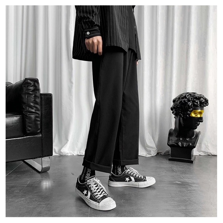 Quần tây ống rộng Nam T-A-N Dáng Suông hàn quốc trơn màu đen có