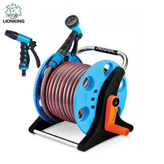 Vòi tưới cây, vòi rửa xe LIONKING ống kết cấu 3 lớp, vòi phun bằng nhựa, khung ru lô KR503 có thể cuộn 10-30 mét ống.