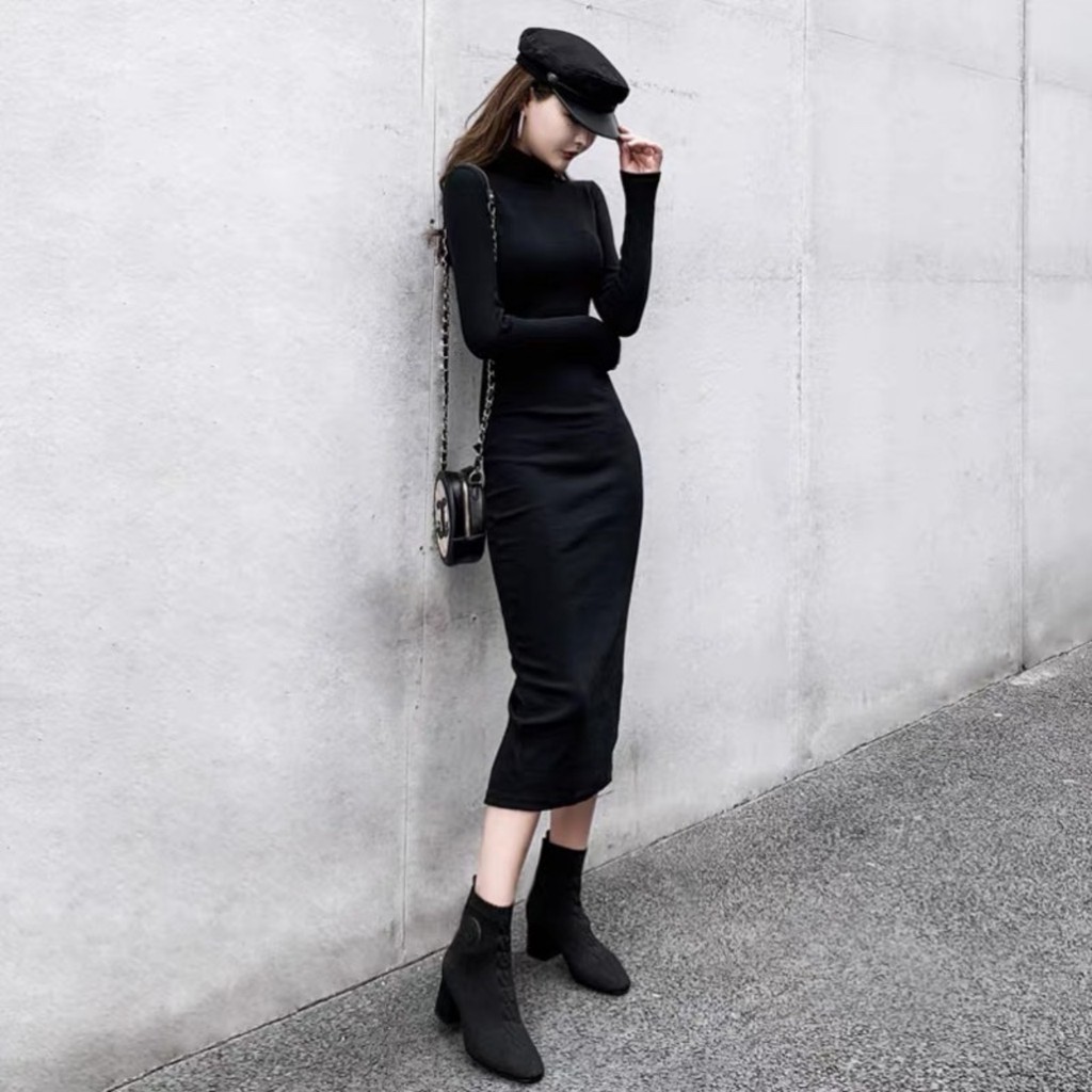 Đầm Body Thun Tay Dài Năng Động Cúc Bấm Dáng Dài Qua Gối Form ôm Không Xẻ tà Màu Đen Freesize | BigBuy360 - bigbuy360.vn