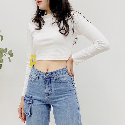 [Mã WARN30K hoàn 15% xu đơn 150k] Áo Croptop Tay Dài Dưới 55kg Cổ Trong Đen Trắng Thun Lạnh 