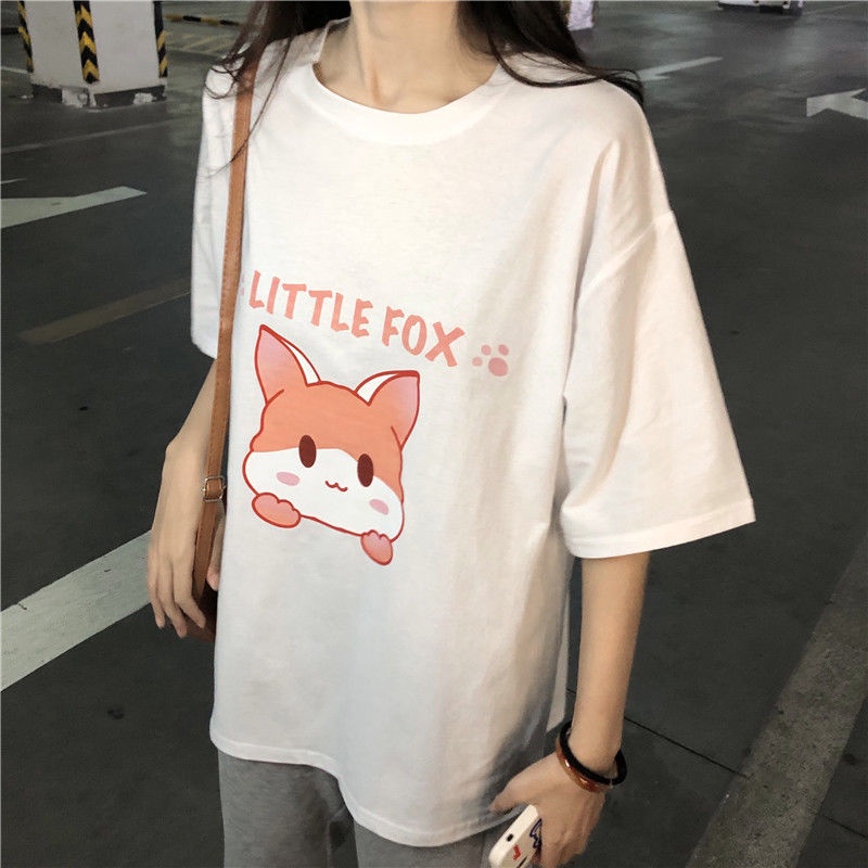 Áo Thun Tay Ngắn Dáng Rộng Hoạ Tiết Chú Cáo Đáng Yêu