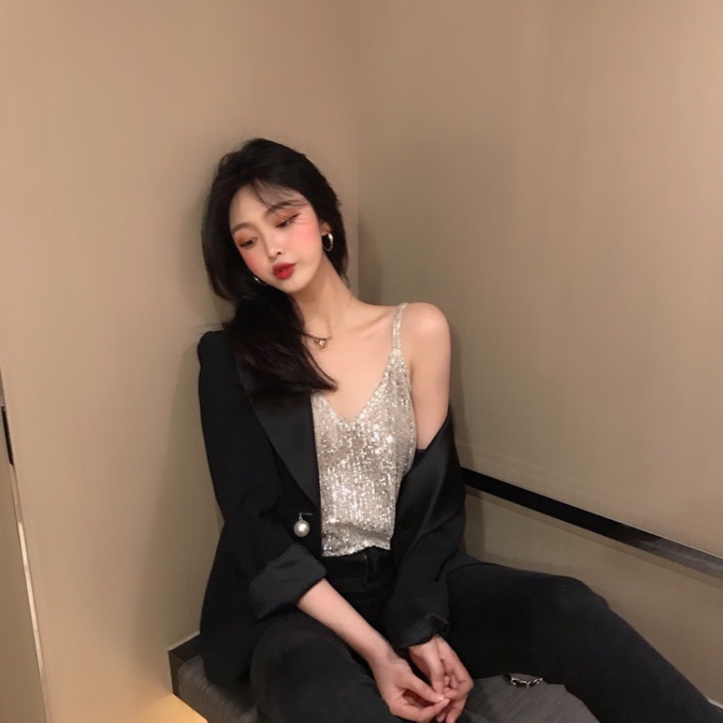 Áo Hai Dây Dáng Ngắn Đính Kim Sa Lấp Lánh Thời Trang Xuân Hè 2020 Phong Cách Hàn Quốc Mới Cho Nữ