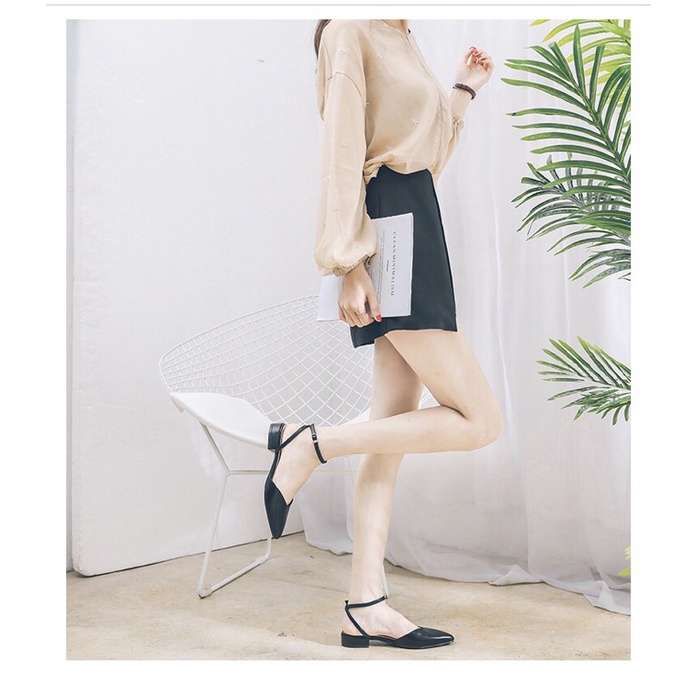 Giày búp bê nữ gót thấp kiểu dáng mũi tim đơn giản có dây sandal - SB43 - Oula Store