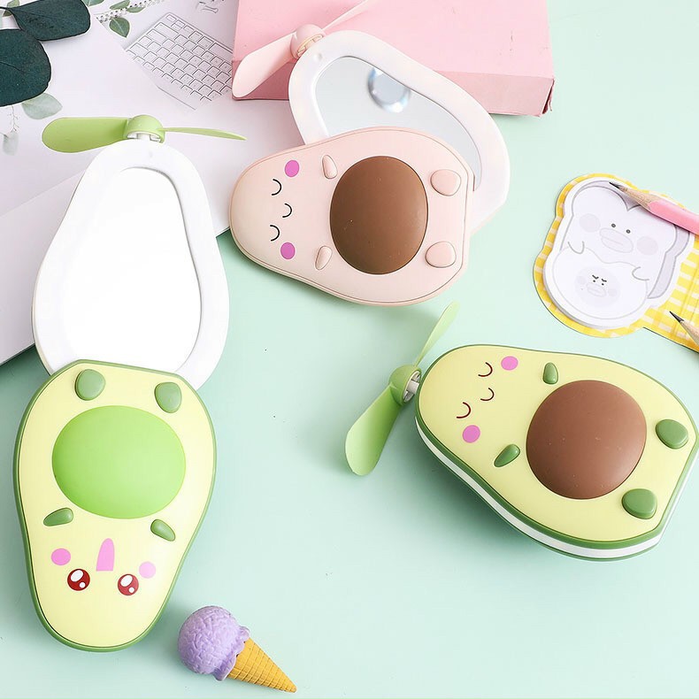 Quạt mini cầm tay hình quả bơ 3 in 1, Quạt cầm tay đa năng tích điện kèm gương và đèn | BigBuy360 - bigbuy360.vn