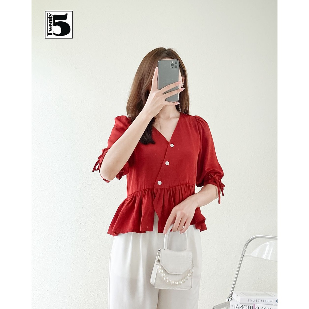 Áo sơ mi nữ Twentyfive babydoll cổ V dáng lửng vạt chéo thắt nơ cổ tay TA13