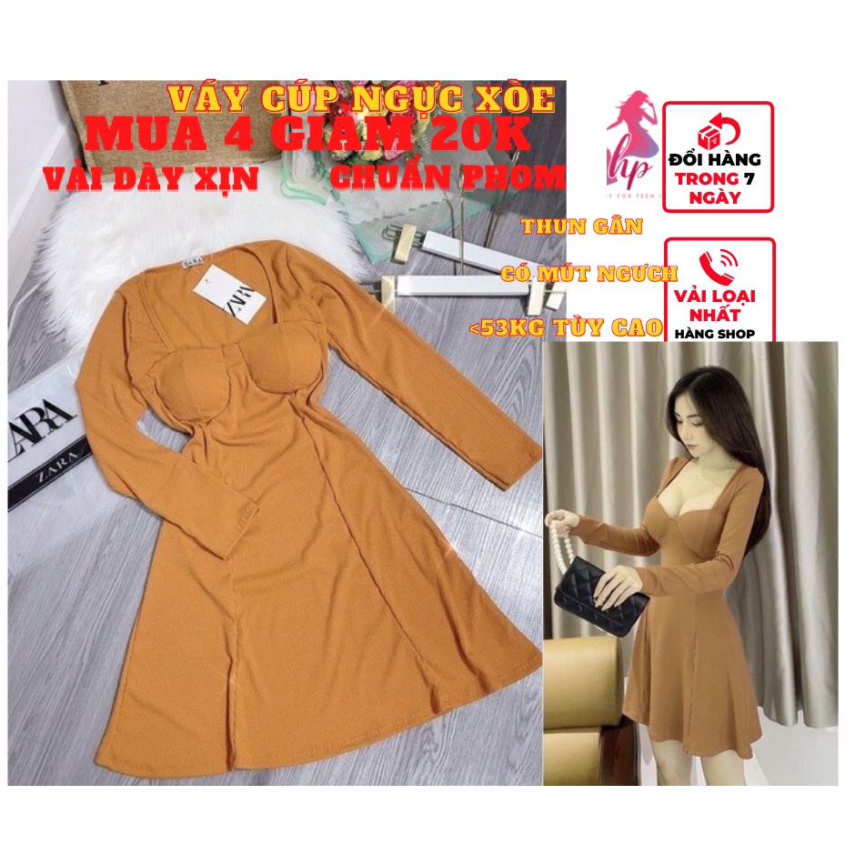 Váy đầm nữ cúp ngực có mút body dáng xòe tay dài màu đen thun gân sexy phong cách sang chảnh hàn VD142
