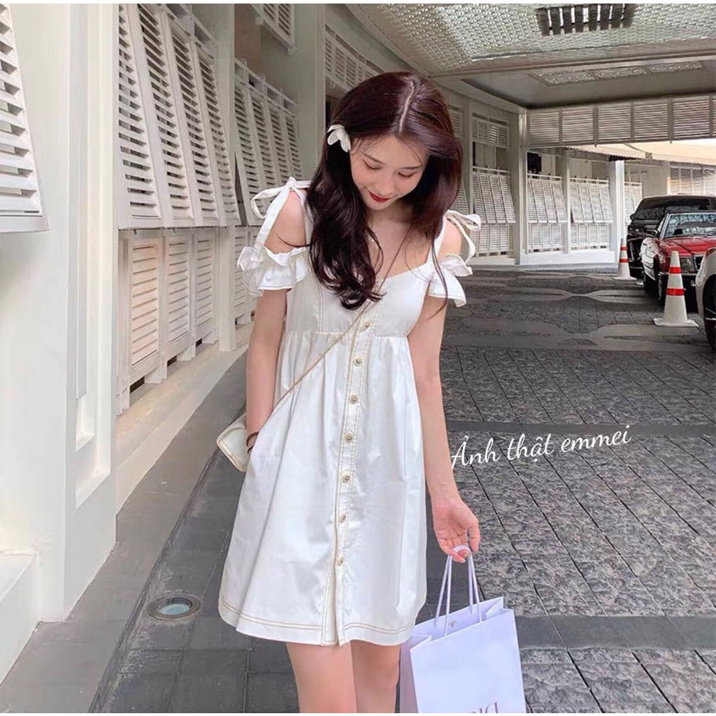 Đầm trắng khoét vai vintage, váy trắng chỉ nổi basix - v160