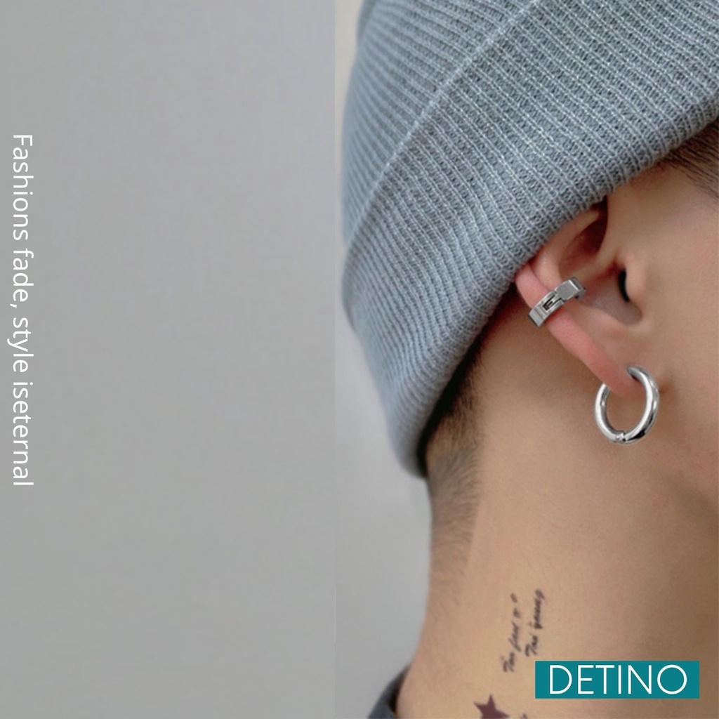 Khuyên tai nam màu bạc kẹp tròn không cần bấm lỗ, hoa bông tai nam đẹp cá tính titan unisex Hàn Quốc DETINO KT02