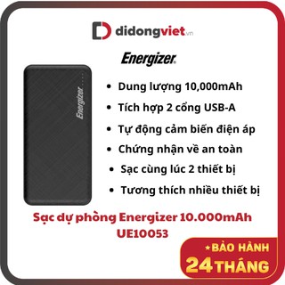 GIẢM 48% Sạc dự phòng Energizer 10,000mAh /3.7V Li-Polymer - UE10053