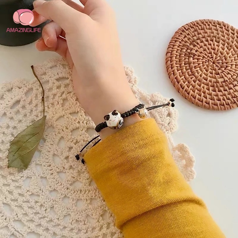 Vòng Tay Bện Dây Đỏ Đính Hạt Và Tua Rua Hình Mèo Dễ Thương Đơn Giản Làm Bằng Thủ Công Thời Trang Cho Cặp Đôi