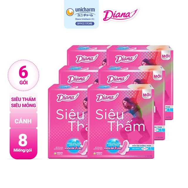 Bộ 6 gói Băng vệ sinh Diana siêu thấm  siêu mỏng cánh gói 8 miếng