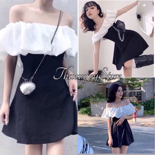 Váy Trễ Vai Phối Ngực Trắng Nữ,🌼 Thaovystore<FREESHIP> 🌼, Đầm Body Chữ A Đen Hở Vai , Váy Bánh Bèo Phối ĐEN TRẮNG