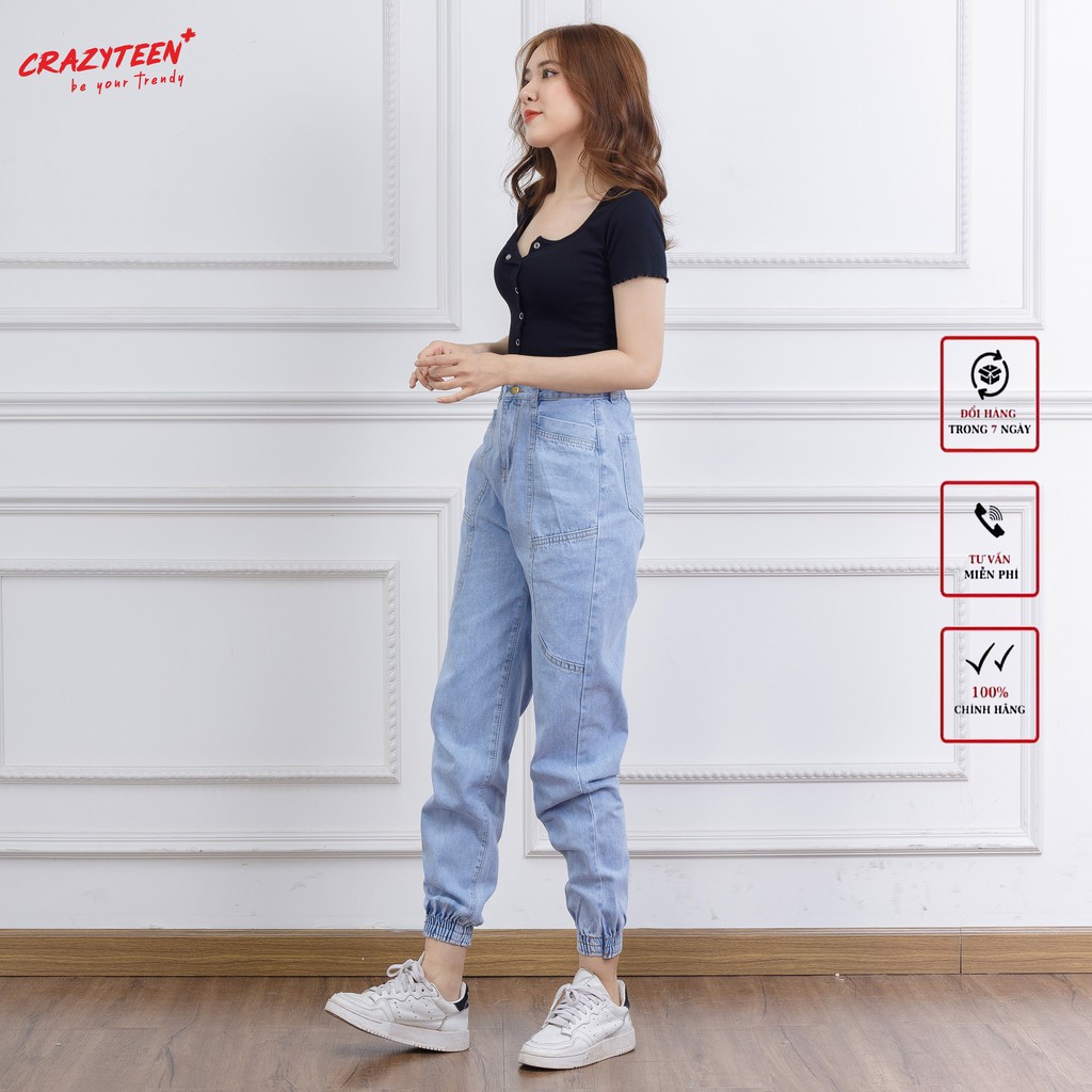 Áo croptop nữ kiểu dáng ôm CRAZYTEEN thun ngắn tay nút bấm AT0116