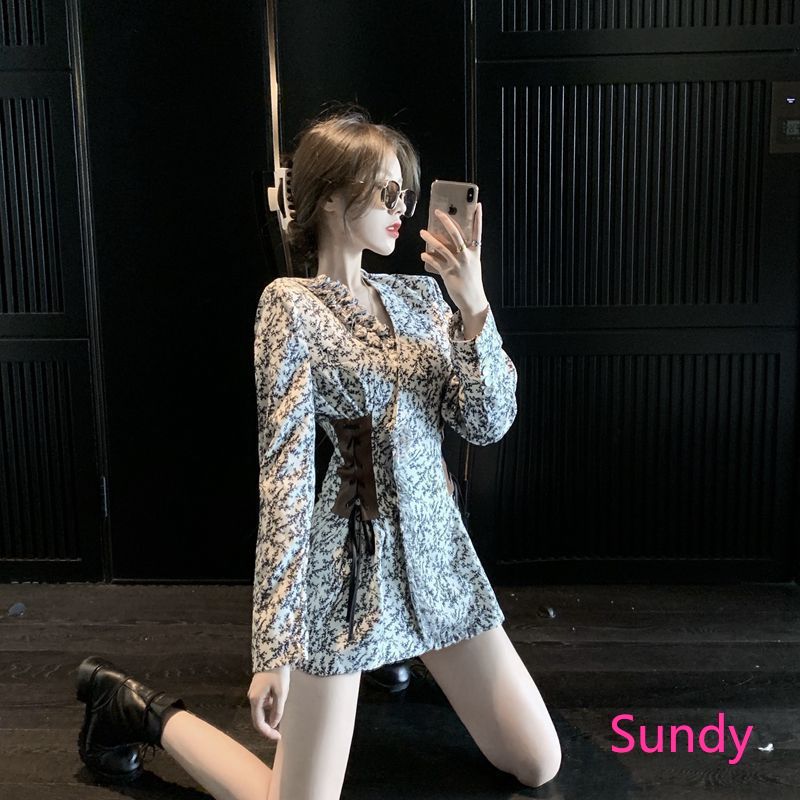 Girls Long Sleeve V-neck Bandage Floral Dress Autumn Fashion Goddess A-line Dress | BigBuy360 - bigbuy360.vn