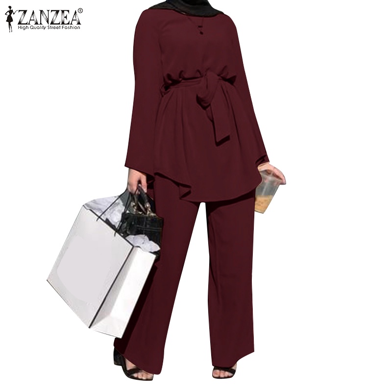 Zanzea Bộ Đồ Hồi Giáo Dài Tay Dáng Rộng Eo Chun Phối Dây Buộc Và Túi Thời Trang Dành Cho Nữ
