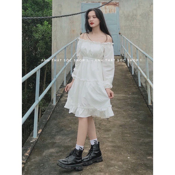 Váy trễ vai tiểu thư bánh bèo nữ - Đầm trơn dáng suông, form rộng tiểu thư cá tính ulzzang