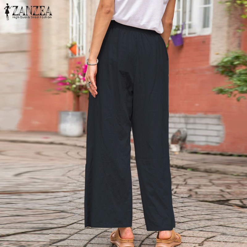 Quần dài ZANZEA ống rộng màu trơn phong cách vintage trẻ trung cho nữ