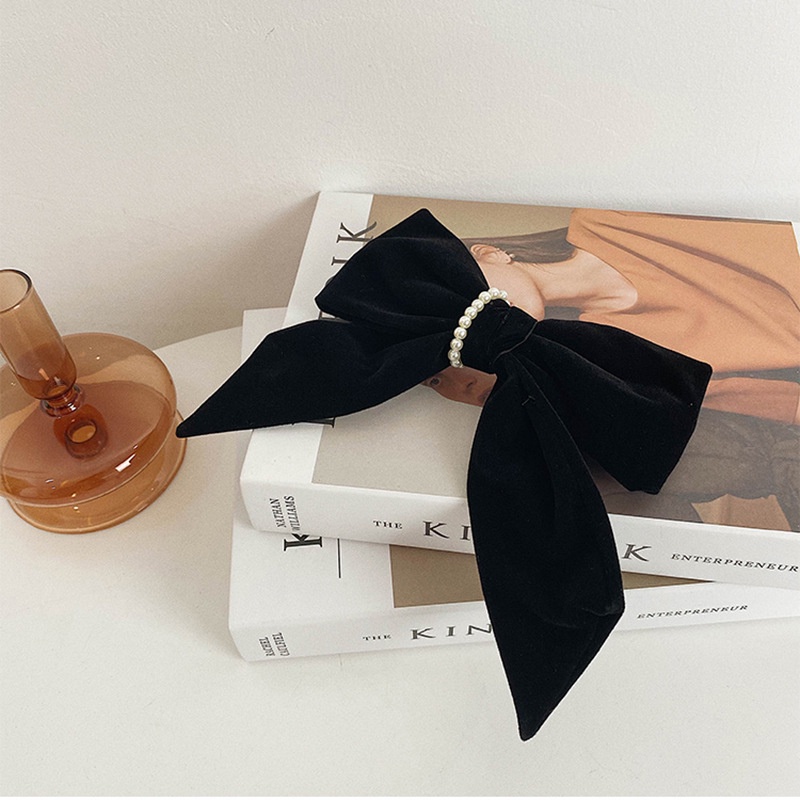 Kẹp Tóc Nơ Nhung Đen Đính Ngọc Trai Thời Trang