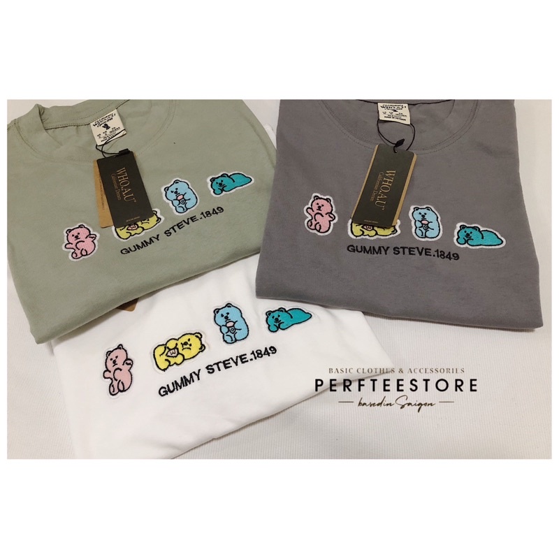 Áo thun gấu Who.au gummy logo thêu cotton 2 chiều • hàng xuất dư