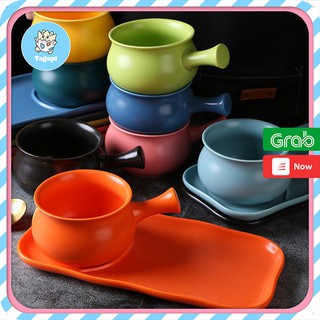 Bộ bát sứ có tay cầm kèm đĩa chữ nhật nhiều màu sắc TAGPEI đính kèm dĩa gốm men cao cấp, set bát sứ nấu đồ ăn sáng