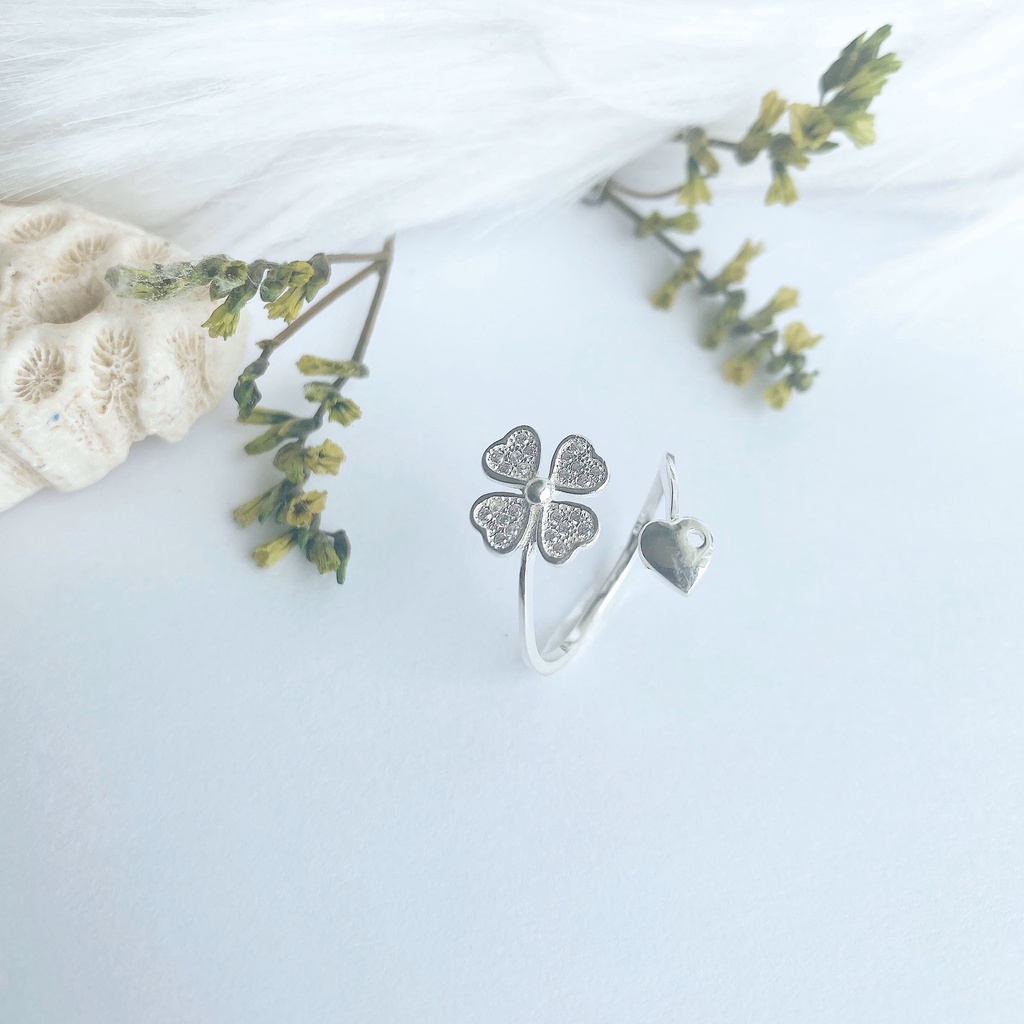 Nhẫn bạc 925 freesize cỏ 4 lá, mặt tim trơn thủng xinh xắn Dế Bạc - N2122