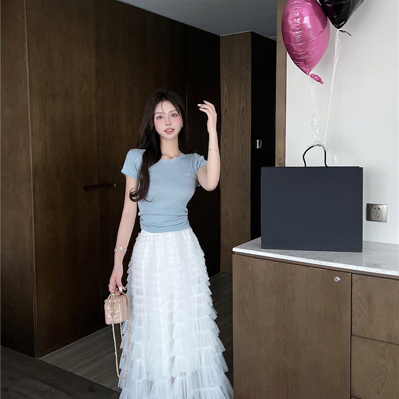 Jane Áo cropotop màu trời - chân váy tầng trắng Cinderella ẢNH THẬT CUỐI