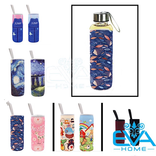 Bình Đựng Nước Thủy Tinh 500 Ml Kèm Vỏ Bọc Vải Neoprene In Hoạ Tiết 2 Mặt Cao Cấp