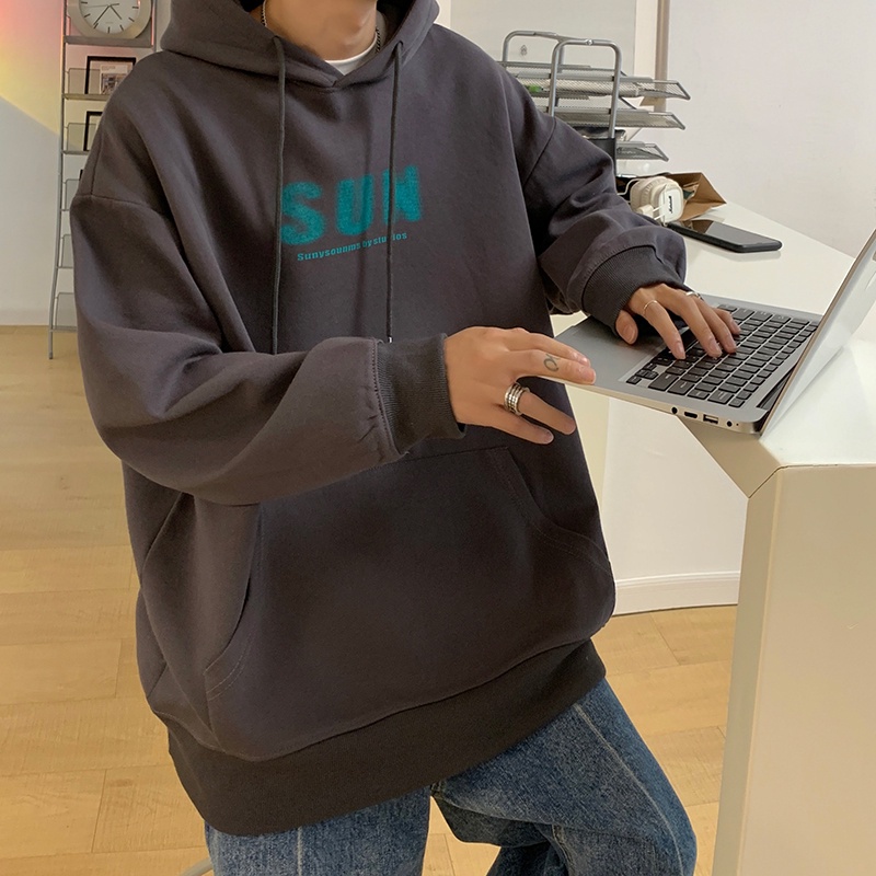 Áo hoodie nhung dày tay dài dáng rộng in chữ đơn giản phong cách Hàn Quốc size M-5XL cho bạn nam