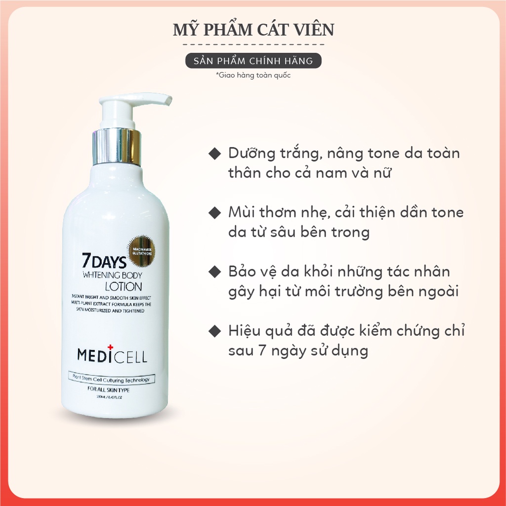 Kem dưỡng trắng da body, toàn thân, dưỡng thể trắng da Body 7days Medicell - Chai 250ml