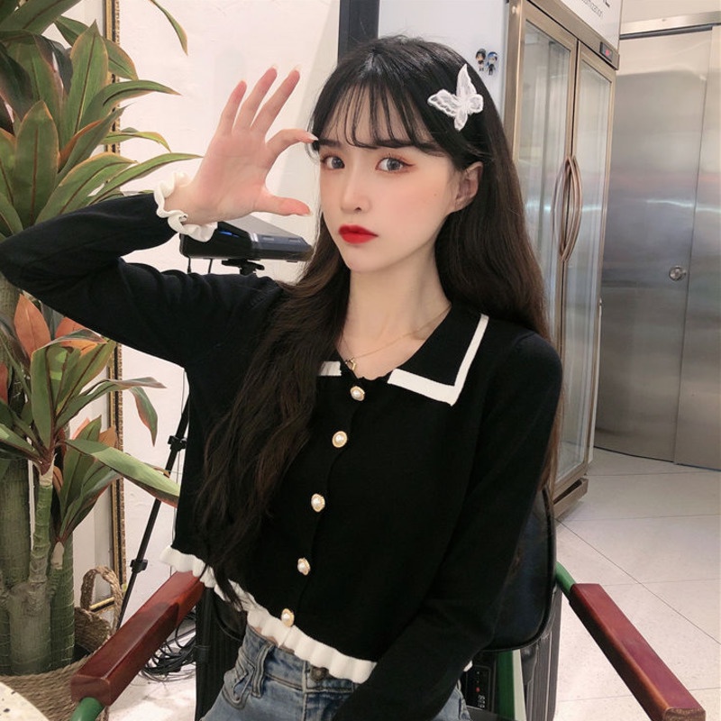 Áo Dệt Kim Tay Dài Cổ Búp Bê Xinh Xắn Thời Trang Cho Nữ