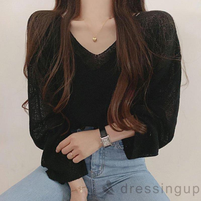 DRE-Female Loose Tops, Solid Color V-Neck Long Sleeve Tie-Up Knitted Blouse Pullover for Spring Summer, White/Black