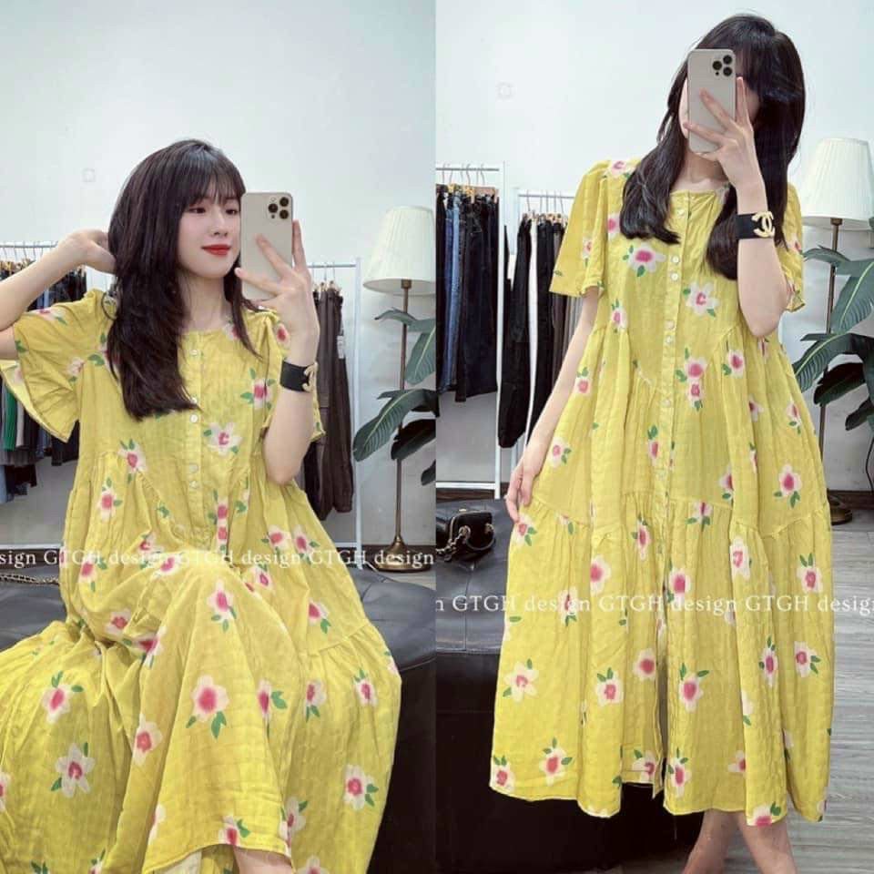 Đầm bầu sơ mi hoa nhí vintage tiểu thư váy bầu dáng dài sơ mi sang chảnh