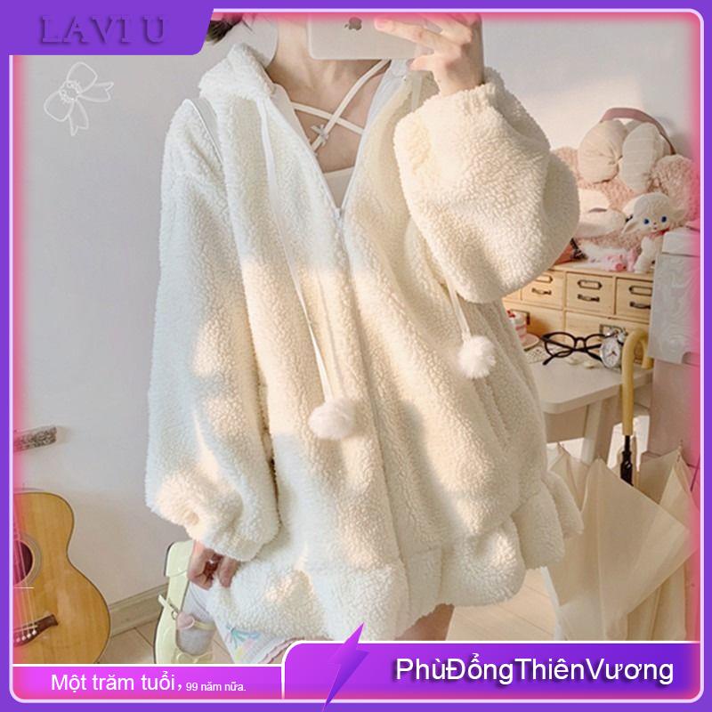 Áo Khoác Lông Cừu Tai Thỏ Dễ Thương Vui Nhộn Thời Trang Thu Đông Cho Nữ