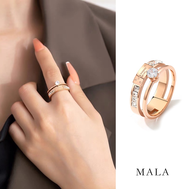 Nhẫn MAYEBE LAVEND hai lớp bằng thép titan màu vàng hồng phong cách retro Hàn Quốc dành cho nữ