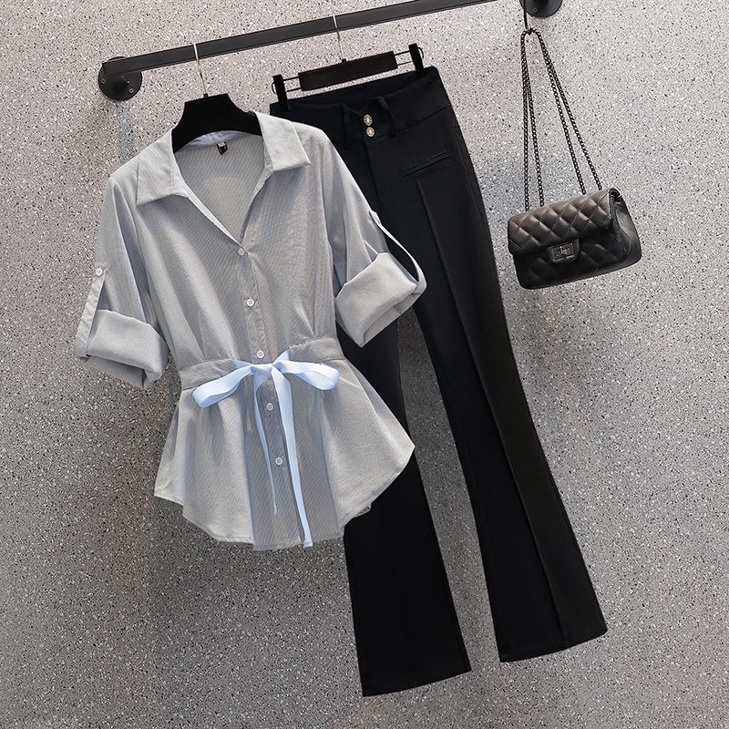 Women's fashionable waist-covered short-sleeved shirt + casual micro-trousers two-piece suit