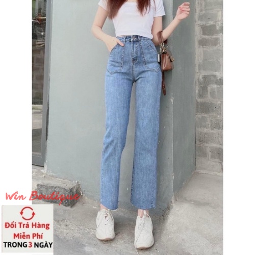 Quần jeans nữ ống đứng cạp cao túi nhọn 2 màu đậm nhạt co giãn kiểu dáng Hàn Quốc | BigBuy360 - bigbuy360.vn