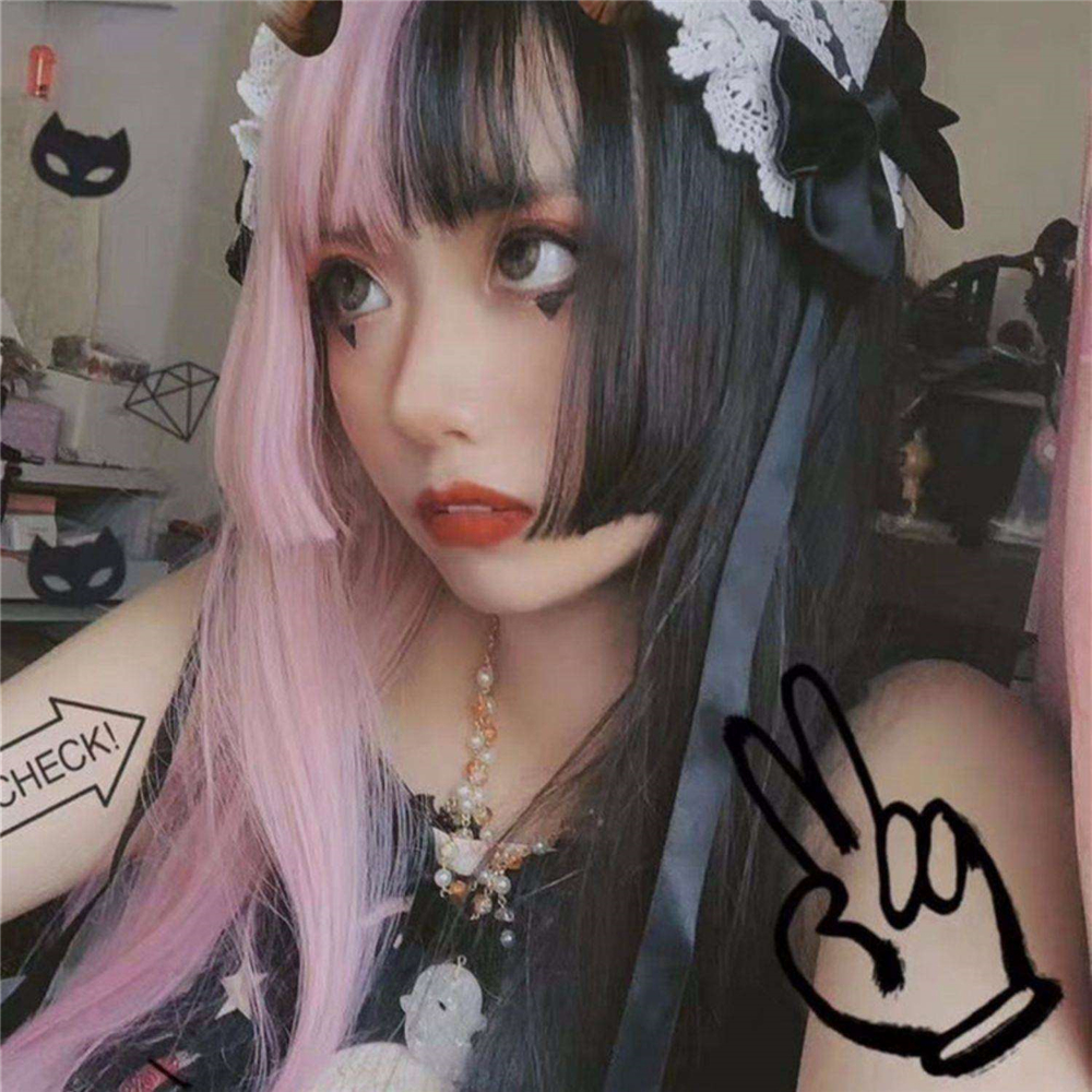 ☆YOLA☆ Long Thick Black&pink Wig Hair Extension Lolita Double Color Toupee Women Female Synthetic Bangs Harajuku Goth Style Hair Cosplay Long Straight Hair