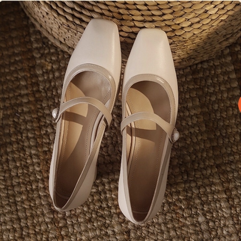 Giày Mary Jane Loafer cao gót công sở quai ngang, giày mũi vuông đính ngọc