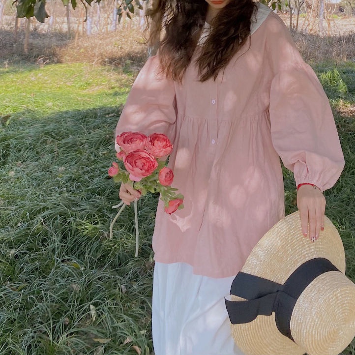 Set Áo Sơ Mi Cổ Búp Bê Chống Nắng + Chân Váy Màu Trơn Dễ Thương Cho Nữ