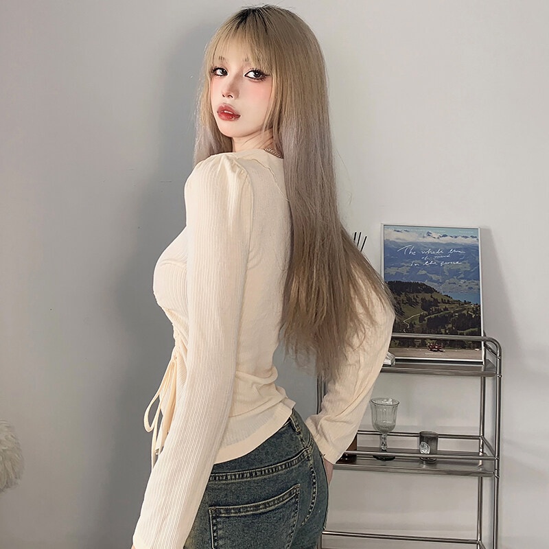 Kliou 2022 Mới vào mùa hè Áo Crop Top Tay Dài Phối Bèo Nhún Thiết Kế Dây Rút Eo Xinh Xắn Thời Trang Cho Nữ