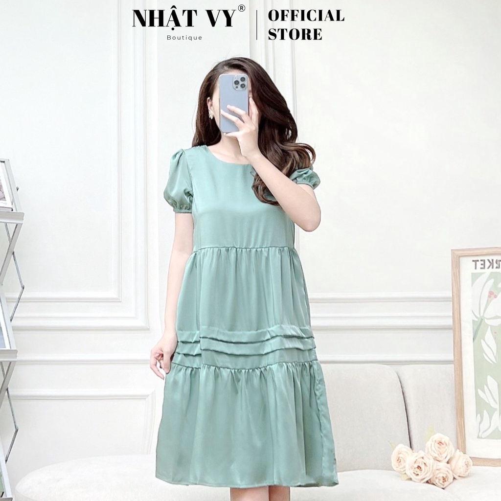 Đầm babydoll Nhật Vy cổ tròn tay bo thun phối đuôi cá chất lụa phù hợp đi chơi dạo phố sang chảnh - D2475