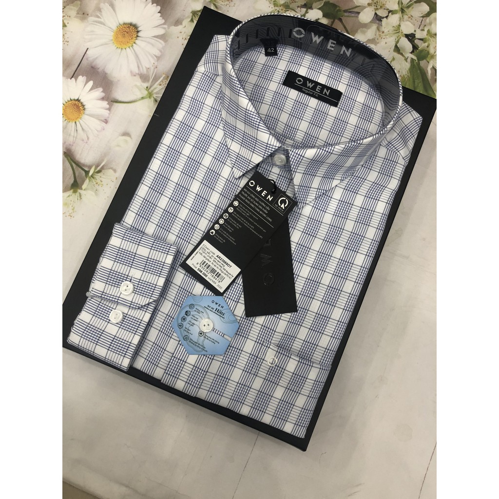Áo Sơ Mi Nam Dài Tay Owen AR23069DT Somi Công Sở Cao Cấp Màu Kẻ Caro Xanh Trắng Dáng Regular Có Túi Vải Vỏ Sò Mềm Mát | BigBuy360 - bigbuy360.vn