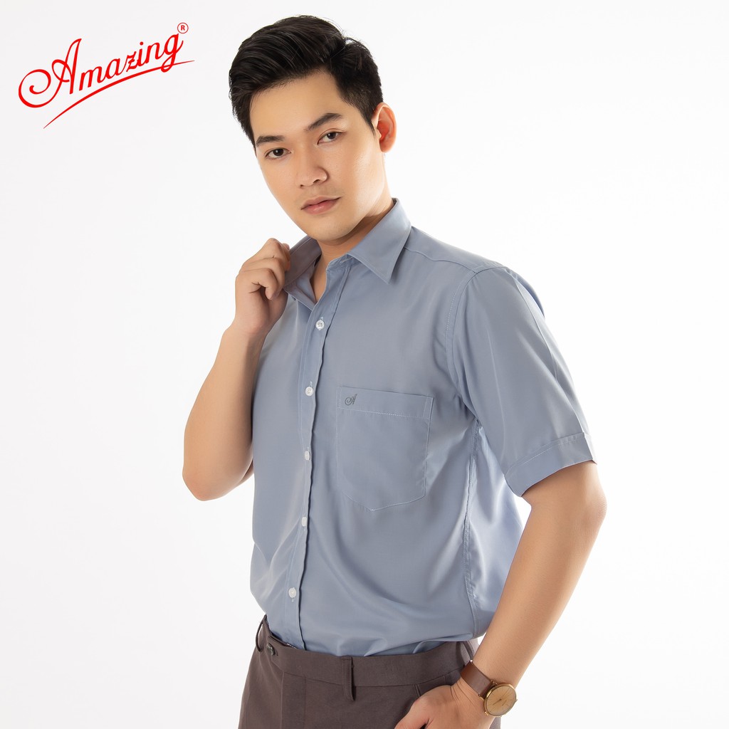 Áo somi nam màu trơn tay ngắn Amazing, vạt bầu, chất vải mềm mại, nhẹ nhàng, thời trang trung niên cao cấp