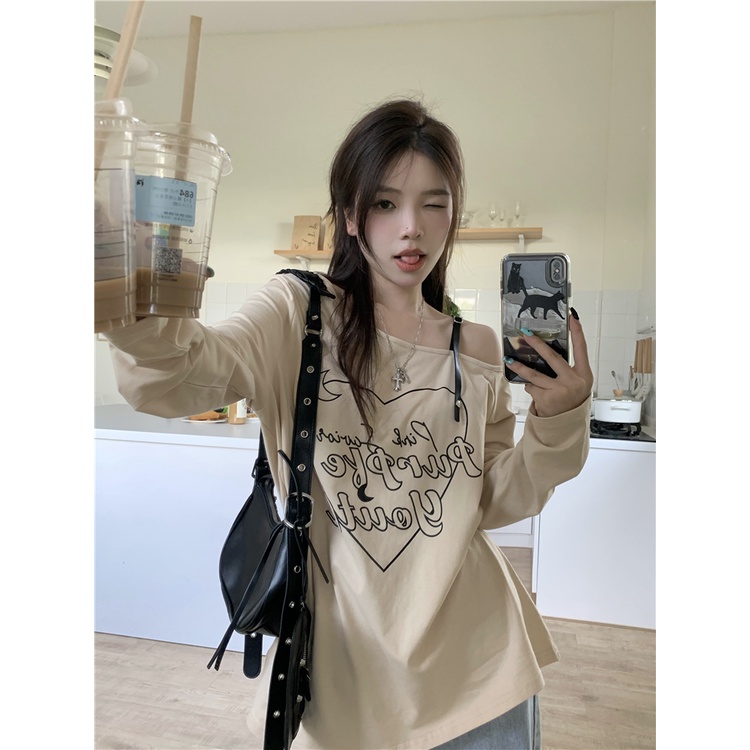 Áo thun trễ vai tay dài phong cách retro Mỹ thời trang dành cho nữ