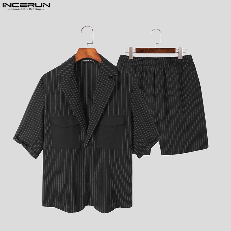 Set đồ nam INCERUN gồm áo khoác dạ ngắn tay + quần short dáng rộng kẻ sọc đơn giản