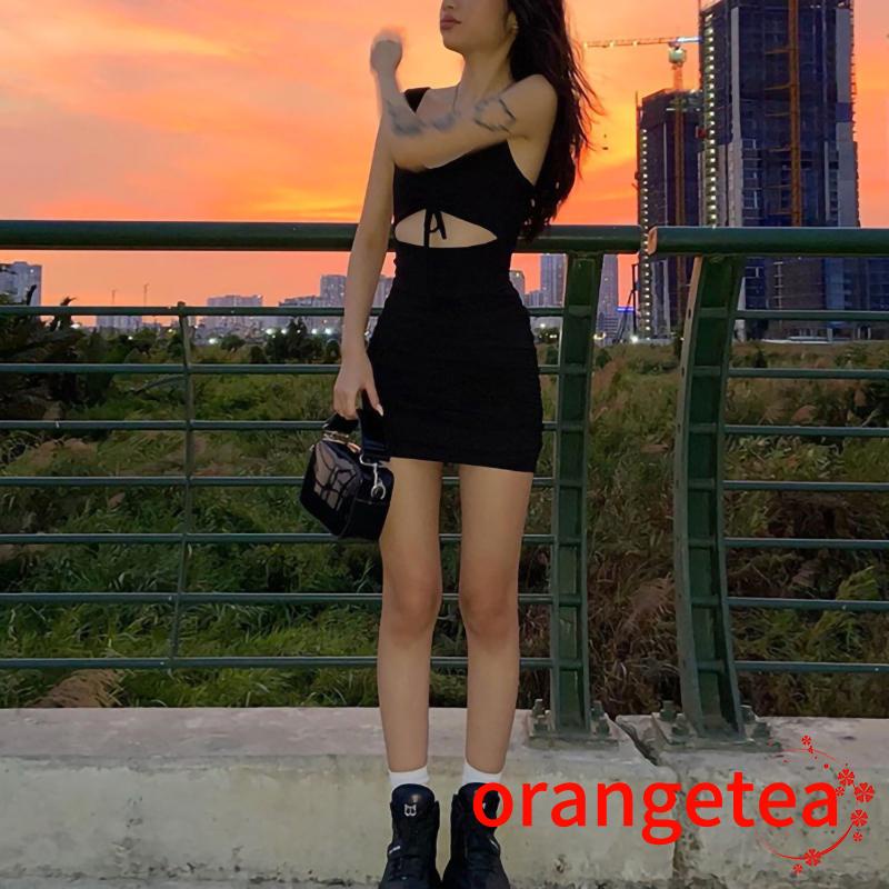 Ort-đầm Dây Rút Cổ Chữ V Hở Lưng Màu Trơn Hở Lưng Có Dây Rút Dành Cho Nữ