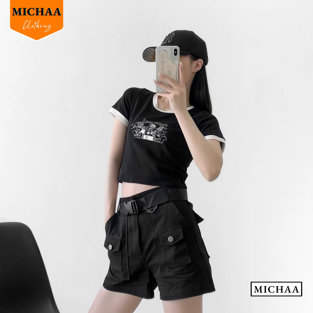 Áo Croptop Ôm Body Nữ SMOOCH TIM Cổ Tròn Tay Ngắn, Áo Thun Croptop Kiểu In Họa Tiết - MICHAA CR89