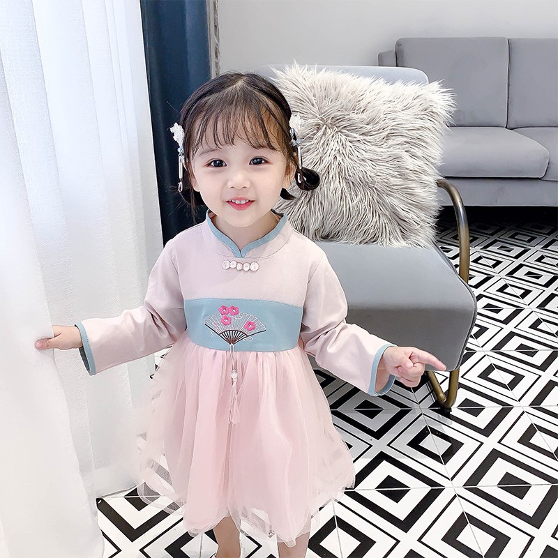 Đầm bé gái công chúa tay dài phối ren lưới xinh xắn cho